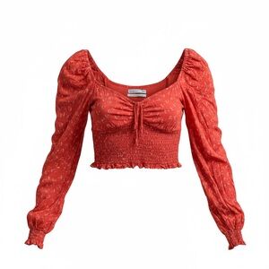 Urban Outfitters Rust Red Smocked Puff-Sleeve Crop Top Sz M